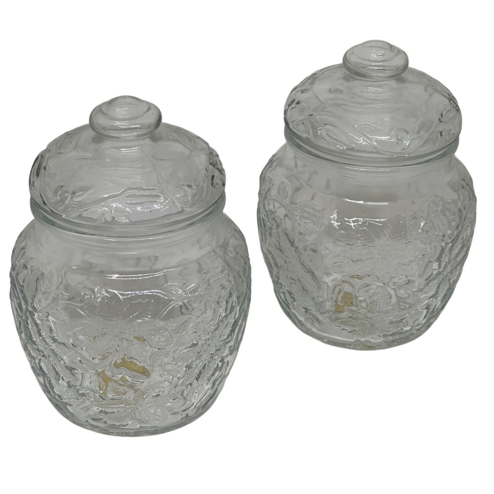 Princess House Fantasia Glass Canisters Clear Floral Embossed Set of 2 USA